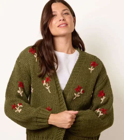 Women's Flower Embroidered Chunky Knit Cardigan