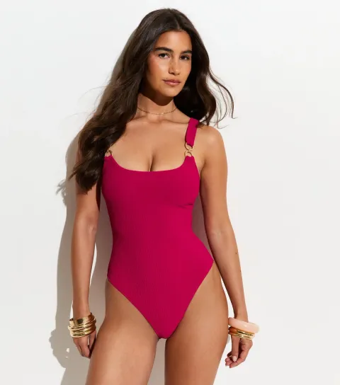 Women's Dark Pink Tummy Control Double Ring Trim Swimsuit