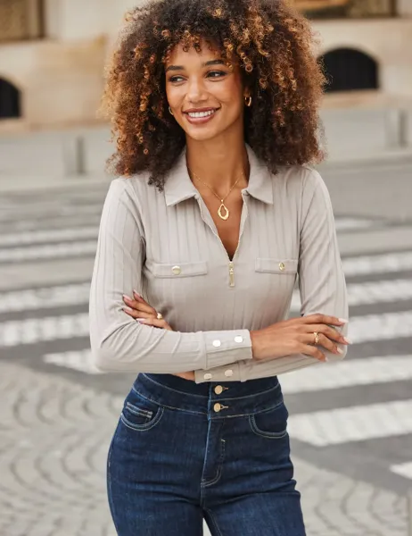 SOSANDAR Cotton Blend Ribbed Collared Zip Front Top Taupe