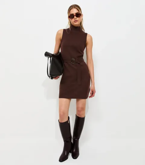 New Look Women's Dark Brown Knit Belted Sleeveless Mini Dress