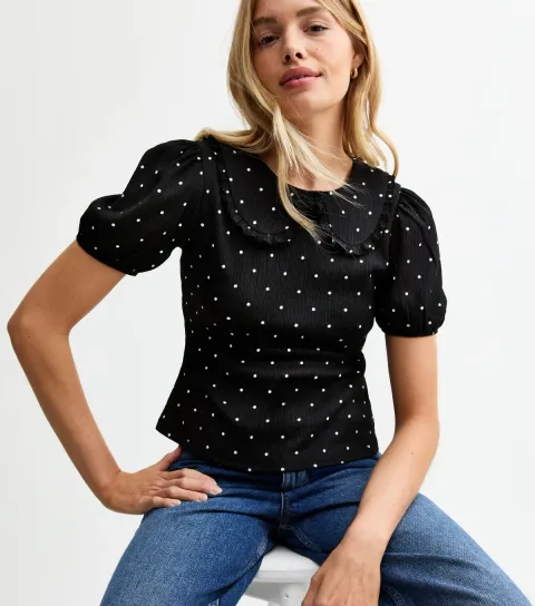 New Look Women's Black Jersey Polka Dot Crinkle Collar Top