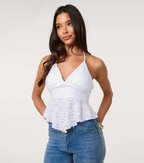 Women's Off White Broiderie Anglaise Halterneck Top
