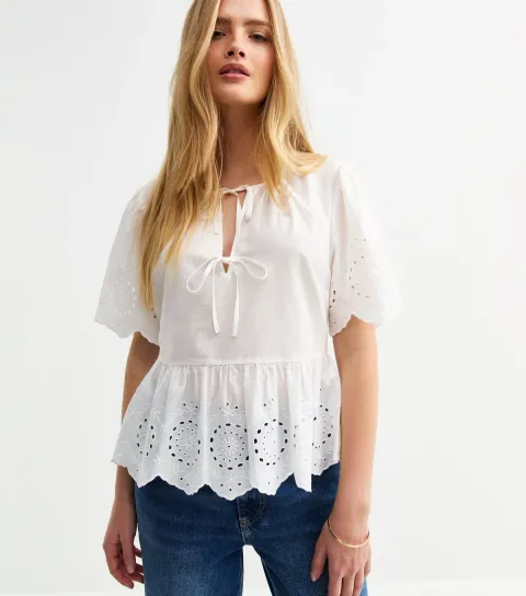 Women's White Broderie Anglaise Tie Front Smock Top