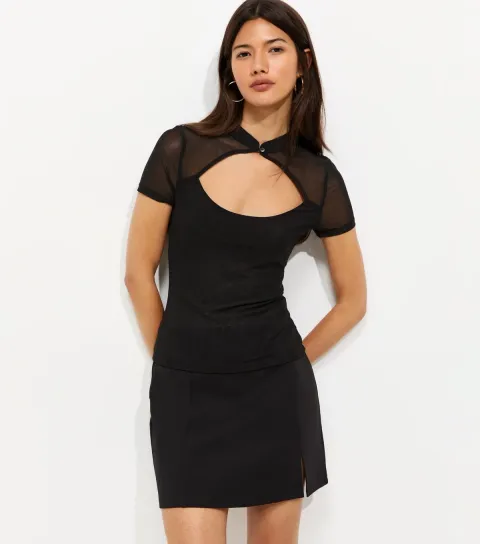 Women's Black Jersey Mesh High Neck Cutout Top