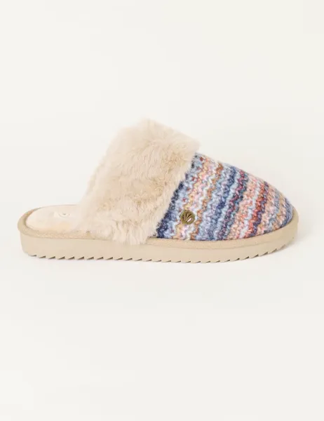 FatFace Faux Fur Cuff Mule Slippers Blue Mix