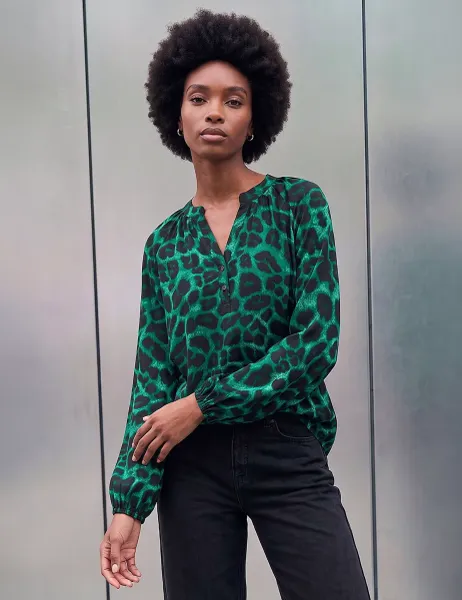 Roman Animal Print V Neck Button Through Top Green
