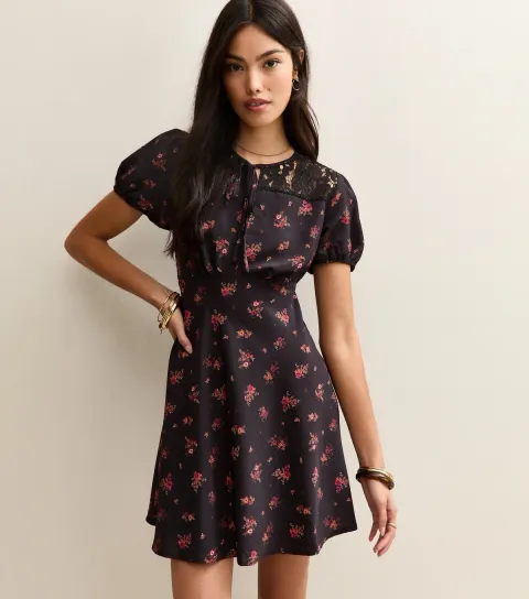 Women's Black Floral Puff Sleeve Mini Dress