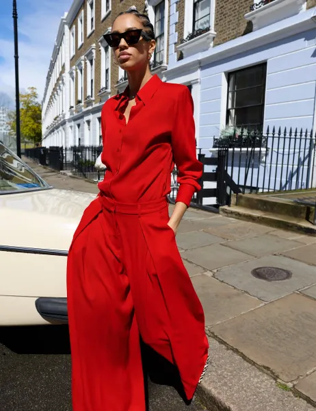 BAUKJEN Sateen Cinched Waist Shirt with Wool Red
