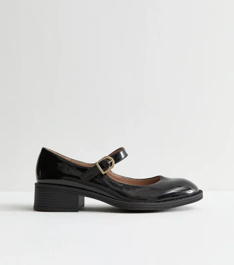 Women's Wide Fit Black Faux Patent Mary Jane Shoes Vegan