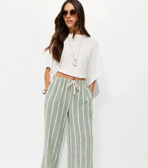 Women's Petite Green Striped Wide Leg Trousers
