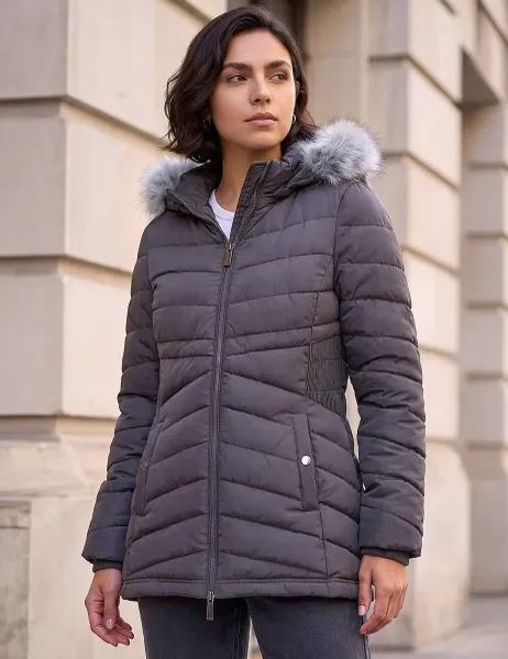 Roman Faux Fur Quilted Hooded Coat Charcoal Mix