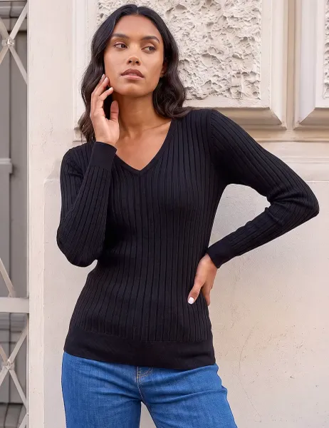 Roman V Neck Ribbed Knit Jumper Black
