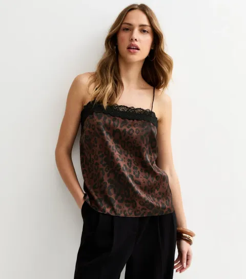 Women's Brown Animal Print Lace Neck Cami Top