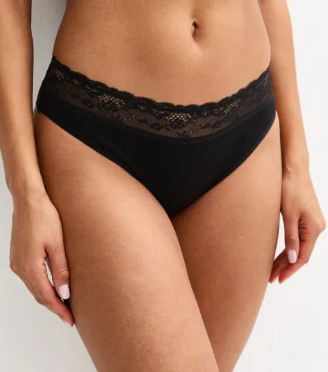 Women's Black Ribbed Cotton Lace Trim Brazilian Briefs