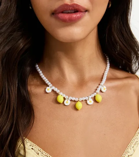 White Faux Pearl Beaded Lemon and Flower Charm Necklace