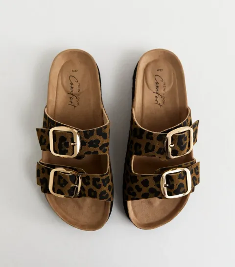 Women's Brown Animal Print Cork Sole Double Strap Mule Sandals Vegan