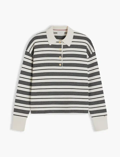Tommy Hilfiger Pure Cotton Striped Collared Jumper Ecru Mix