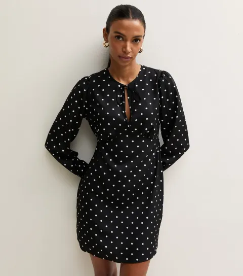 New Look Women's Black Crepe Long Sleeve Spot Print Keyhole Mini Dress