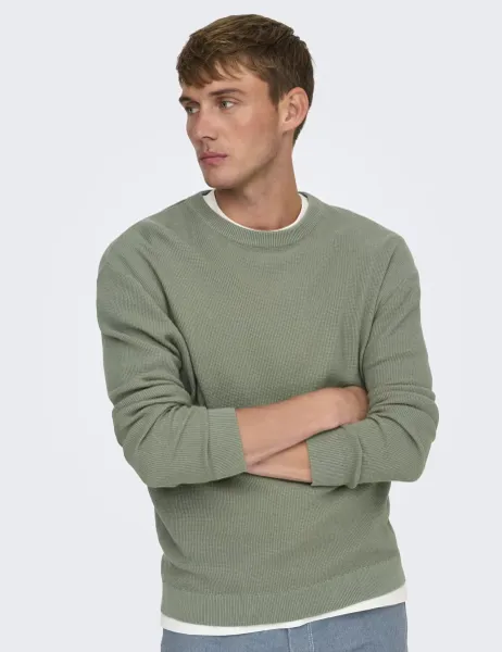 Only & Sons Pure Cotton Waffle Knitted Long Sleeve Top Grey
