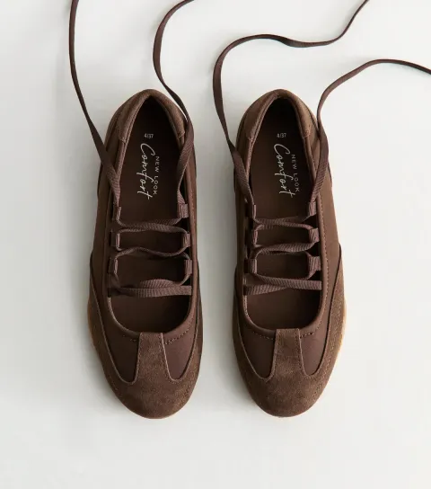 New Look Women's Dark Brown Faux Suede Lace Up Sneakerina Ballet Flats Vegan