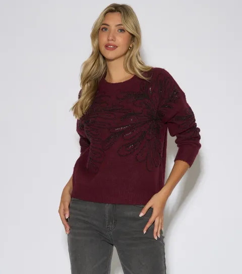 Gini London Women's Dark Red Sequin Flower Jumper