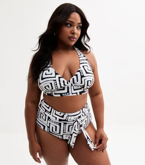 Women's Plus Size Black Swirl Print Tie High Waisted Bikini Bottoms Curves
