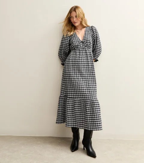 Women's Black Checked Midi Dress