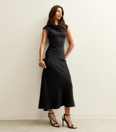 Women's Tall Black Satin Cowl Neck Midi Dress