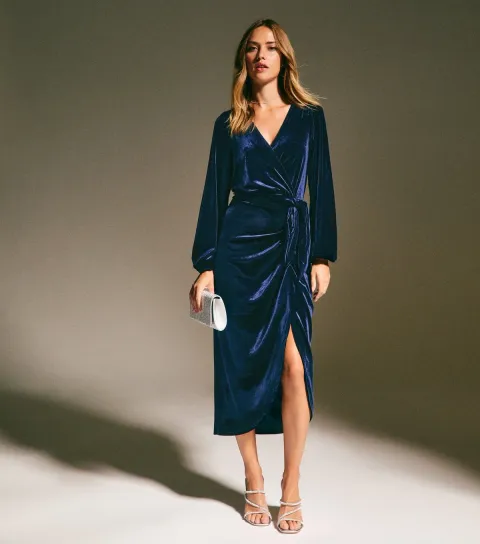 Women's Navy Velvet Long Sleeve Wrap Midi Dress