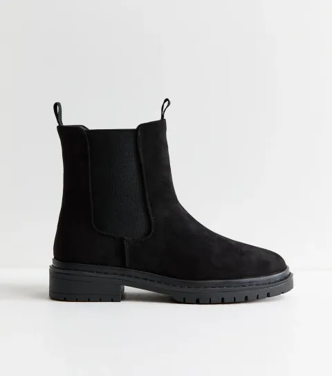 New Look Women's Wide Fit Black Faux Suede Flat Chelsea Boots Vegan