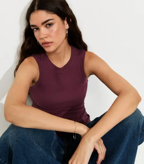 Women's Dark Burgundy Cotton Rich Ribbed High Neck Tank Top