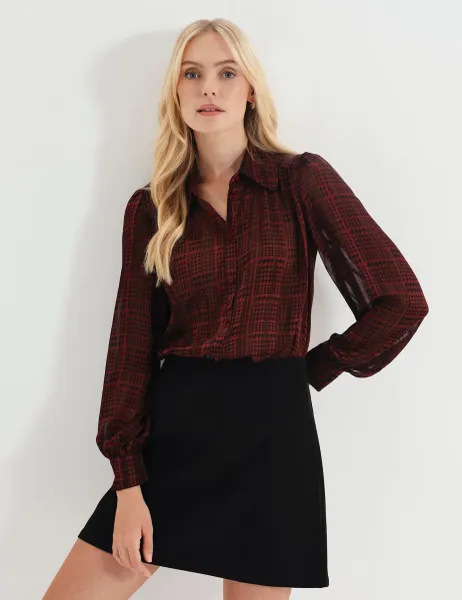 Printed V-Neck Blouse Burgundy Mix