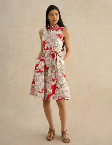 Hobbs Cotton Rich Paisley Belted Skater Dress Red Mix