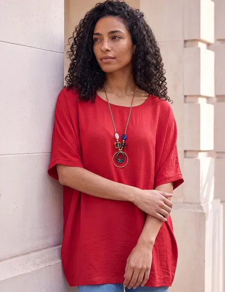 Roman Round Neck Batwing Longline Tunic Burgundy Mix