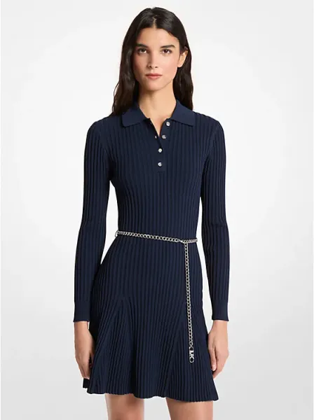 Ribbed Viscose Belted Polo Dress