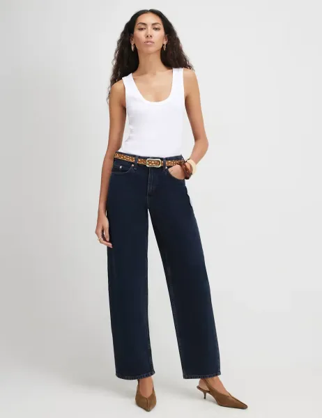 River Island Mid Rise Barrel Leg Jeans Dark Blue Denim