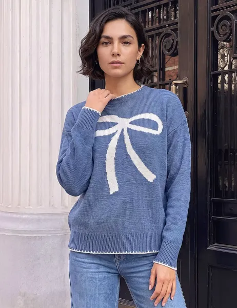 Roman Contrast Stitch Bow Jumper Blue