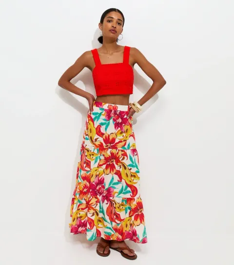 Women's White Cotton Large Floral Print Midi Skirt