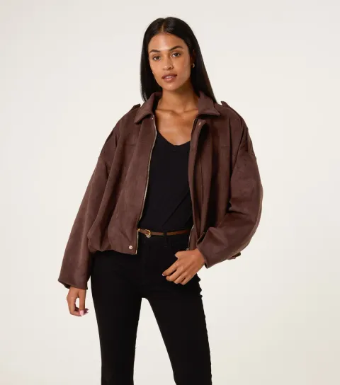 Women's Dark Brown Faux Suede Puffball Hem Jacket