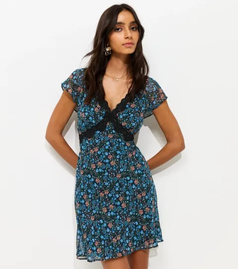 Women's Black Floral Print Chiffon Cap Sleeve Mini Dress