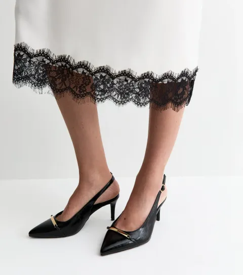Women's Wide Fit Black Faux Leather Metallic Panel Slingback Pumps Vegan
