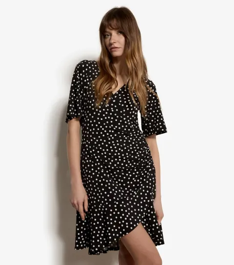 Women's Black Dot Print Side Ruched Mini Dress