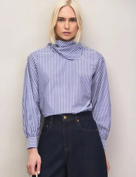 RO&ZO Pure Cotton Striped Scarf Neck Blouse Light Blue Mix