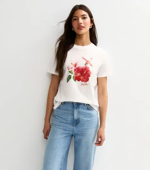 Women's White Flower Print Relaxed T-Shirt