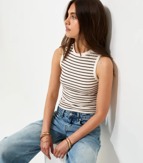 Women's White Cotton Rich Ribbed Stripe Pattern Sleeveless Tank Top