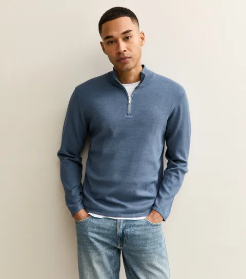 Men's Premium Mid Blue Relaxed Funnel Neck Quarter Zip Jumper