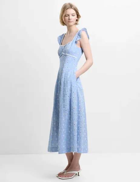 Pure Cotton Broderie Square Neck Midi Dress Light Blue Mix