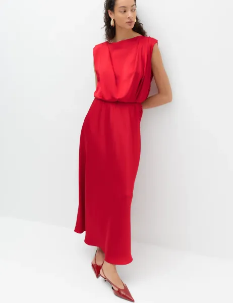 Marks & Spencer Satin Pleat Detail Midaxi Waisted Dress