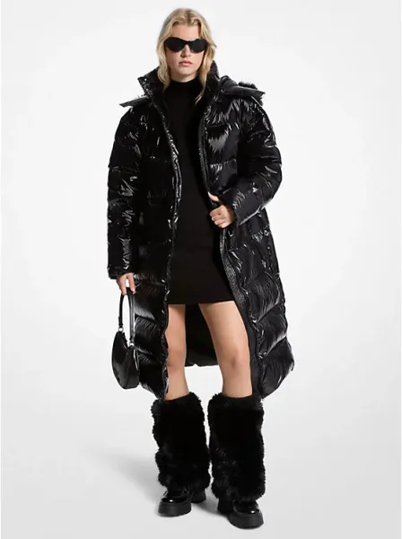 Faux Fur Trim Nylon Ciré Puffer Coat