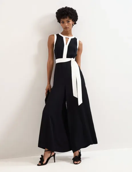 Phase Eight Cutout Detail Side Stripe Wide Leg Jumpsuit Black